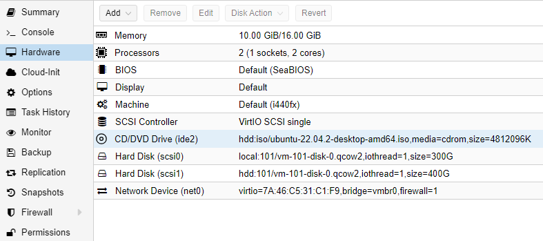 Proxmox VM Hardware Tab